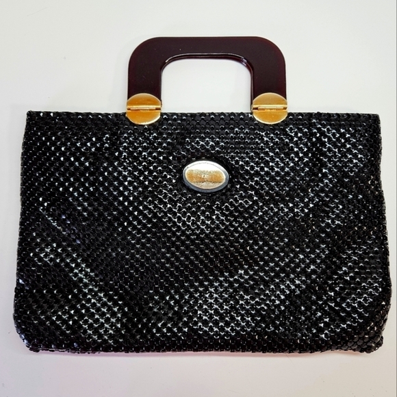 VINTAGE ELKA Black Metal Mesh Lucite Plastic Handle Satchel Bag - Picture 1 of 9